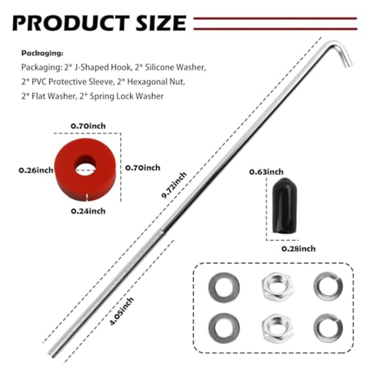 Metal J-hook hold-down kit with red silicone washers and included hardware pieces