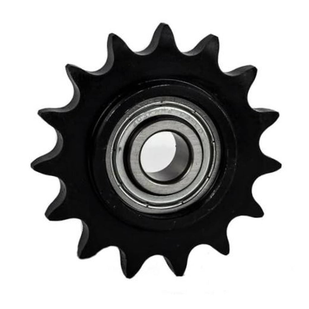 Black roller chain idler sprocket with 15 teeth and 5/8" bore bearing