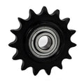 Black roller chain idler sprocket with 15 teeth and 5/8" bore bearing