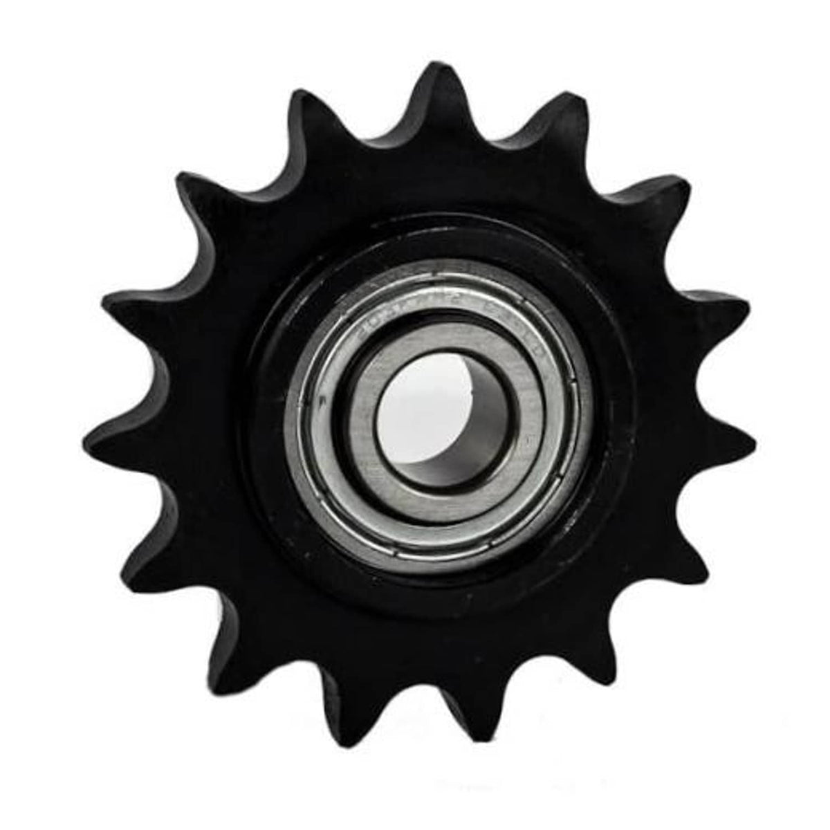 Black roller chain idler sprocket with 15 teeth and 5/8" bore bearing