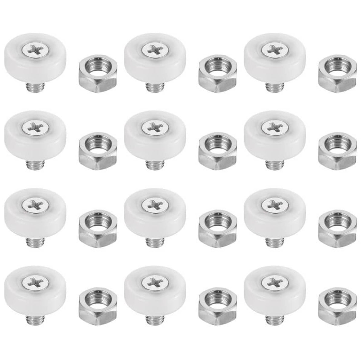 White plastic drawer roller wheels with chrome mounting nuts (12-piece set)