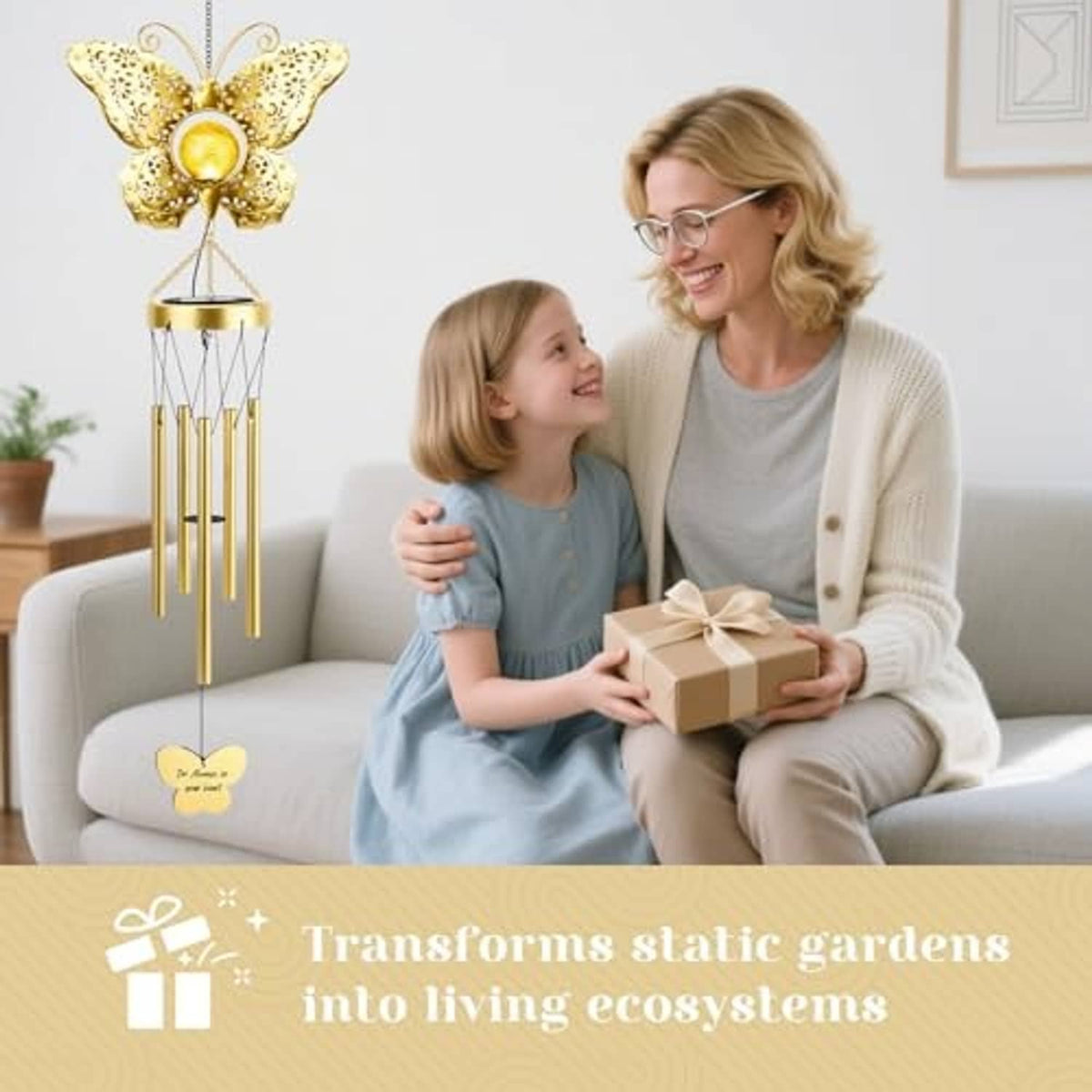 Golden butterfly solar wind chime standing on metal frame with hanging glass bulb and tubes