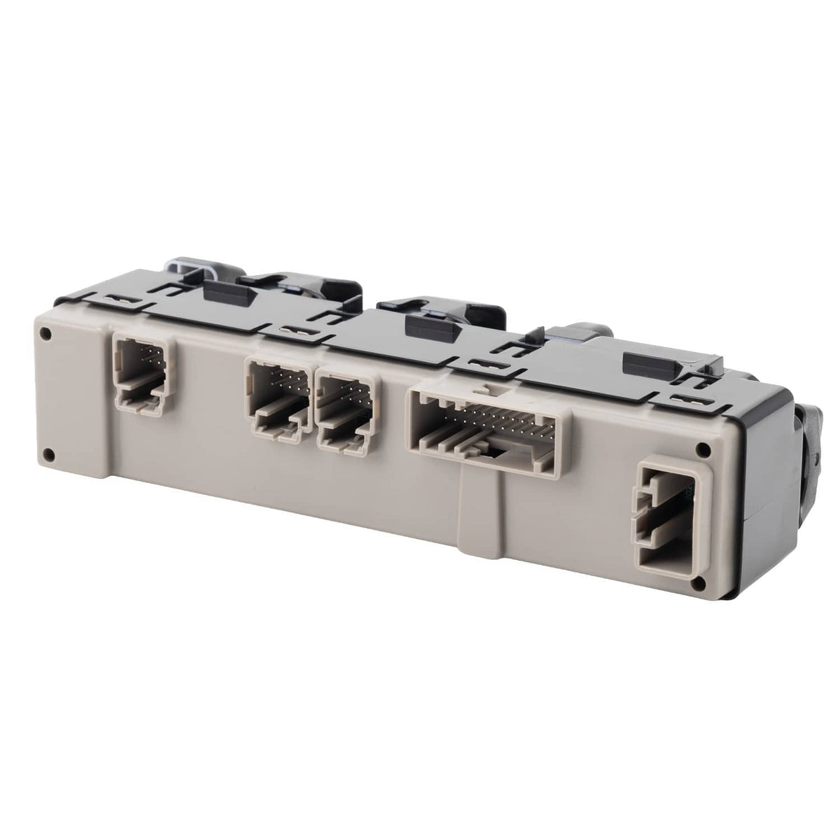 Power window switch with exposed wiring connectors on black and gray housing.