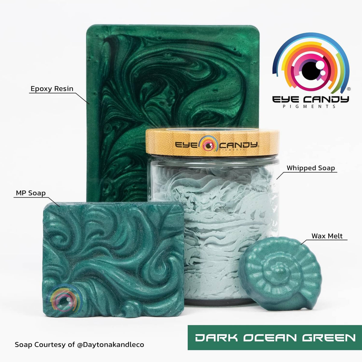 Dark green mica powder with swirl soap blocks and resin-style samples in teal
