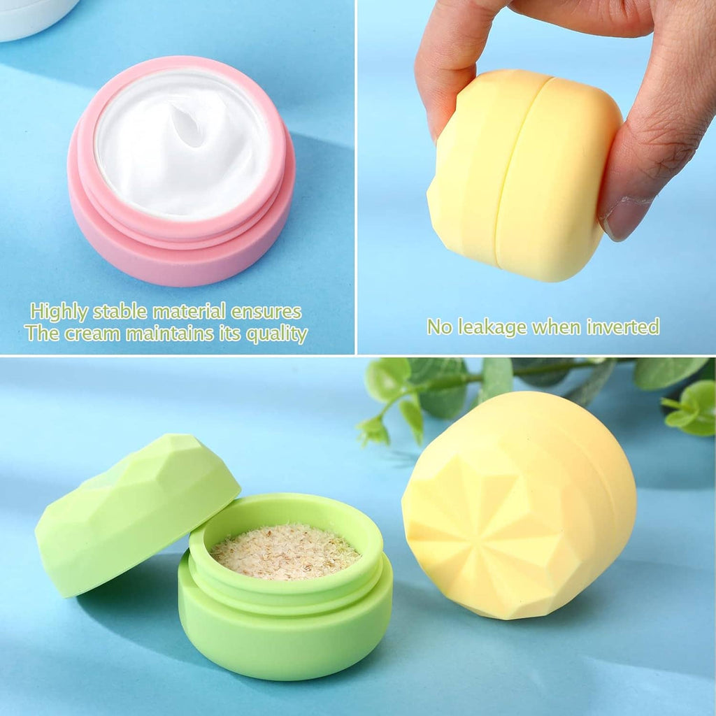 Assorted pastel silicone cream jars with faceted lids; one opened with white cream