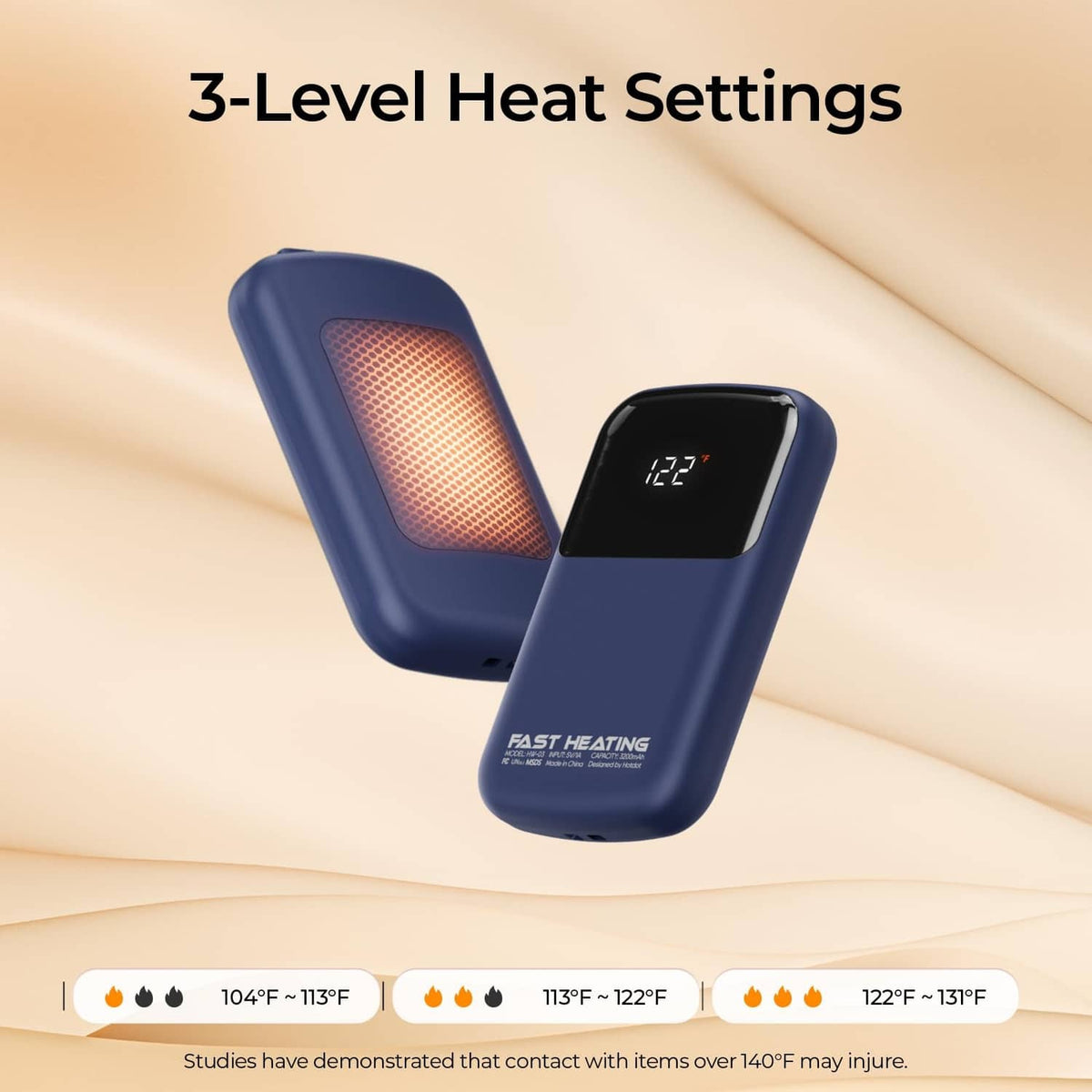 Blue rechargeable hand warmer with glowing heating panel and digital temperature display.
