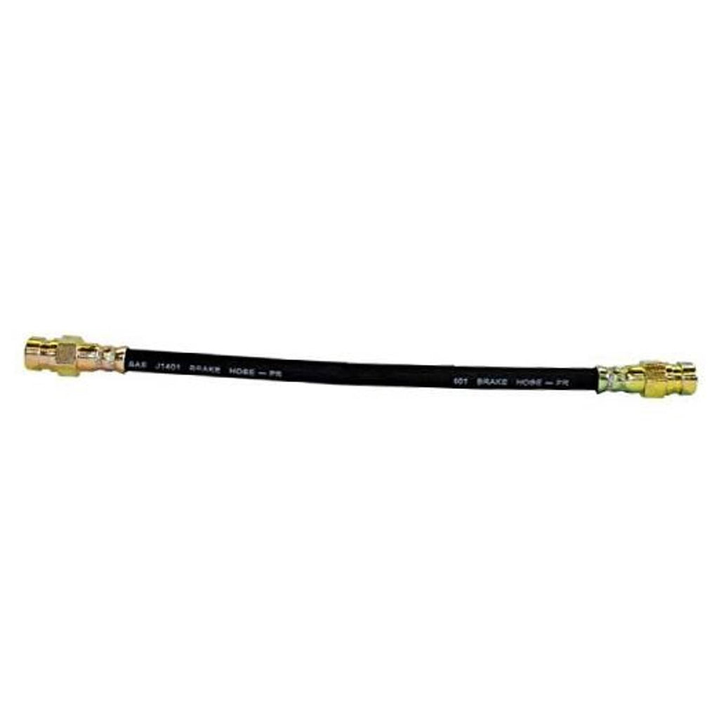 Flexible brake hose with braided black line and brass fittings on both ends