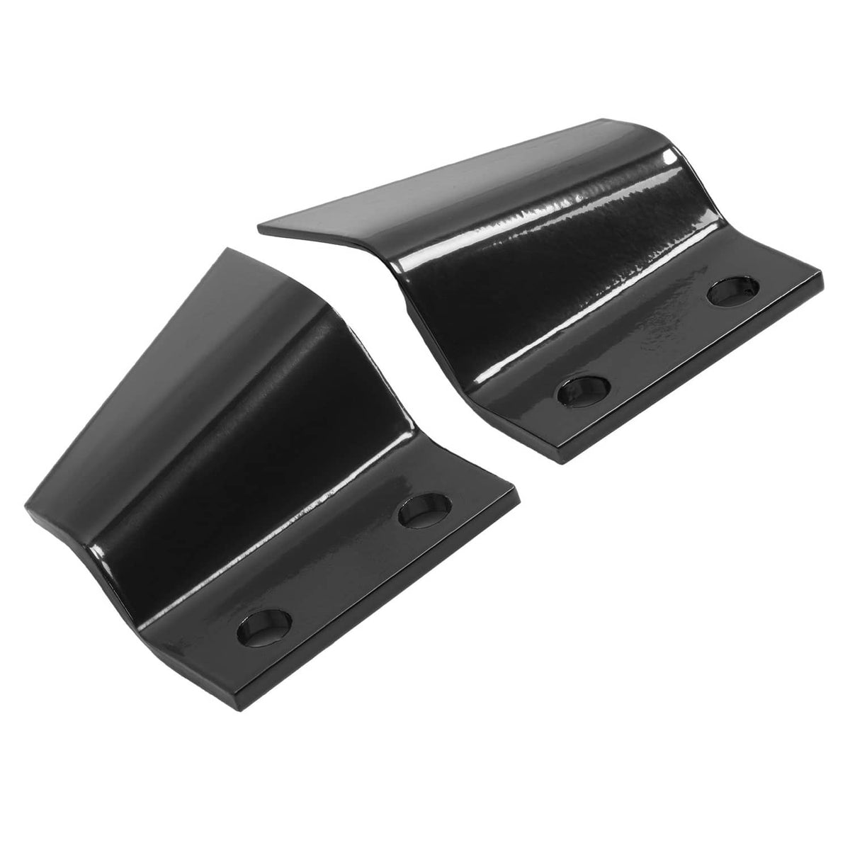 Pair of curved black steel trencher cup teeth with mounting holes