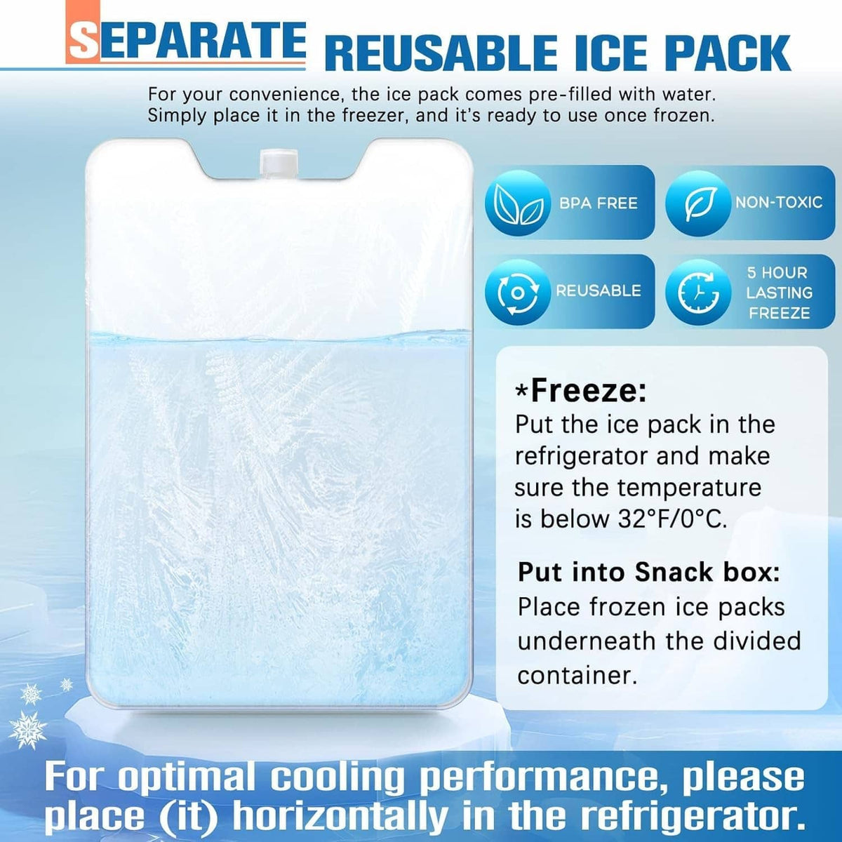 Reusable ice pack for chilled snack box container, freezer-ready block
