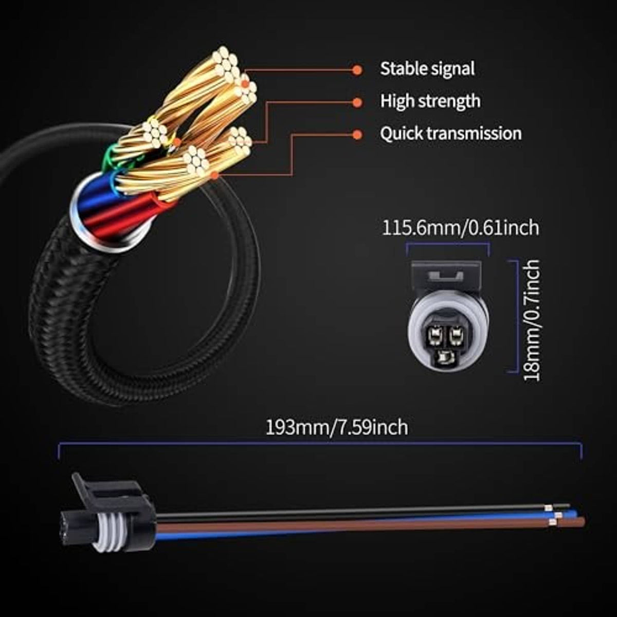 Oil pressure sensor connector pigtail with 3-wire leads and female connector, with dimensions
