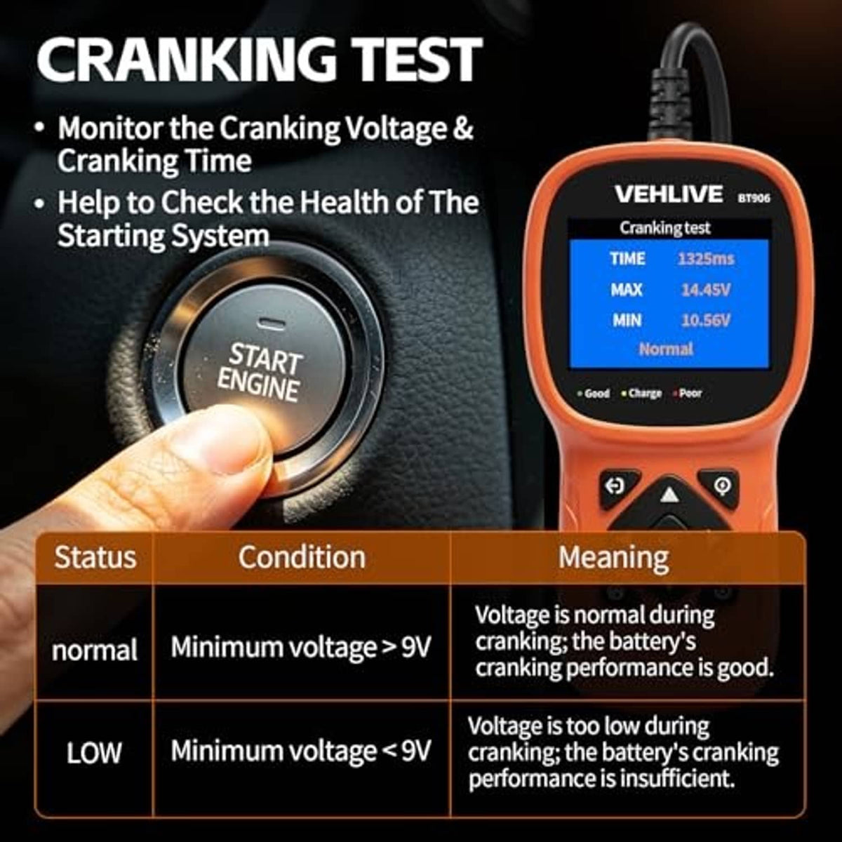VEHILIVE BT906 cranking test display on orange meter next to start engine key