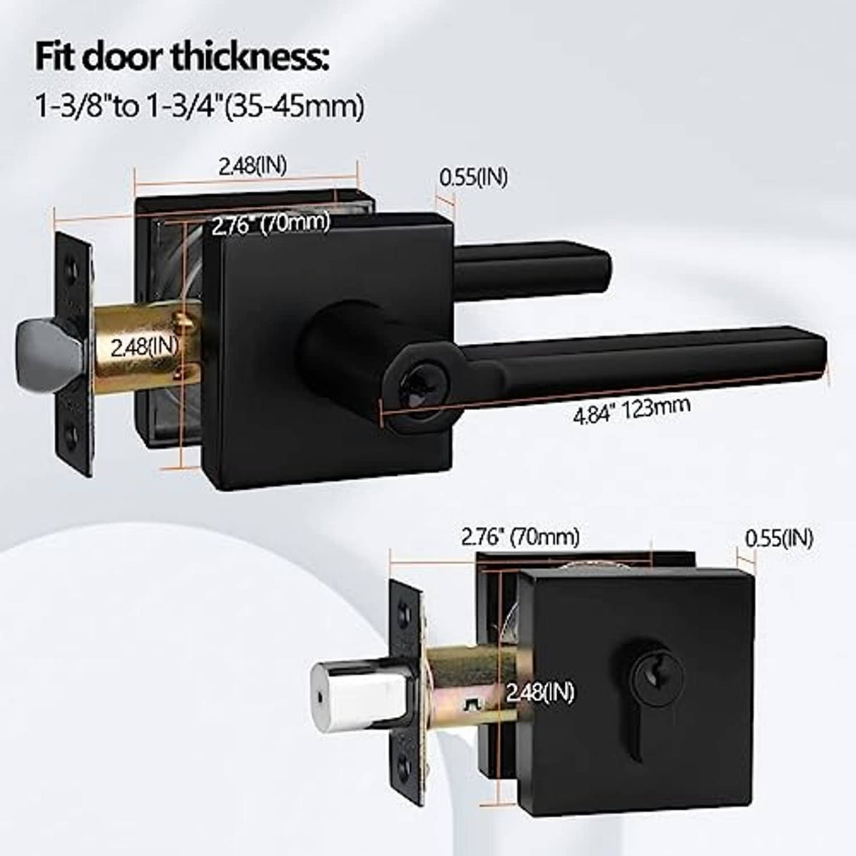 Matte black keyed entry deadbolt and lever handle with latch, fitment diagram