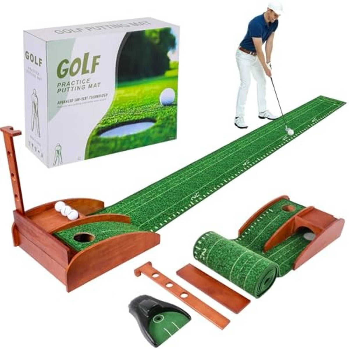Portable golf putting mat kit with wooden base, green turf lane and auto ball return unit