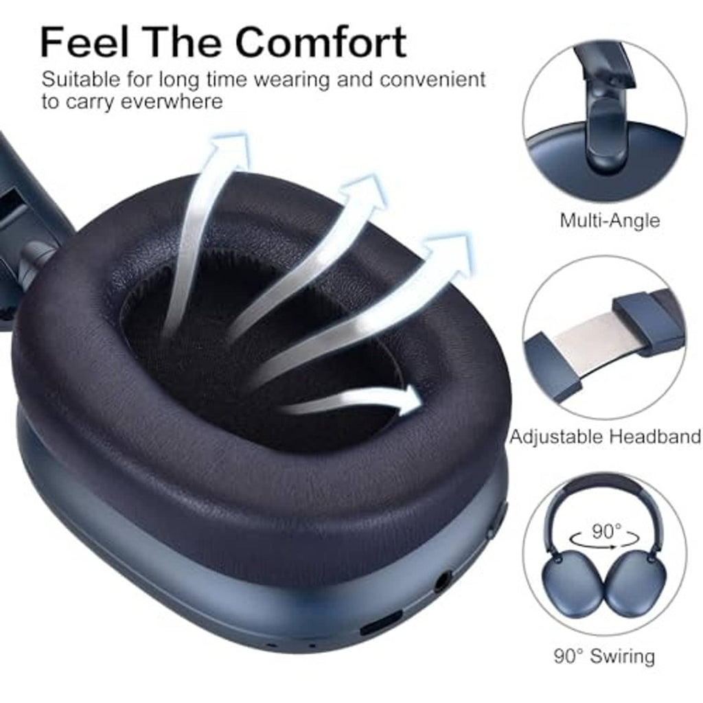 Blue cushioned over-ear headphones showing swivel design and adjustable headband