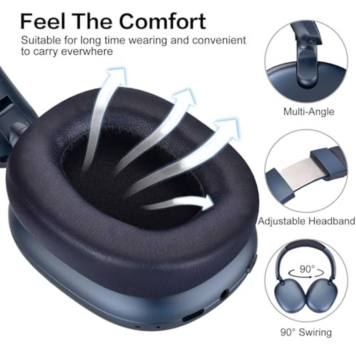 Blue cushioned over-ear headphones showing swivel design and adjustable headband