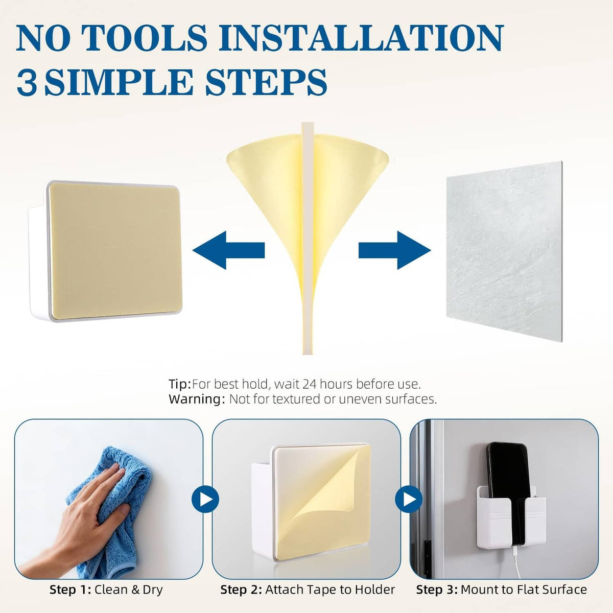 White phone holder with quick peel-and-stick installation steps shown