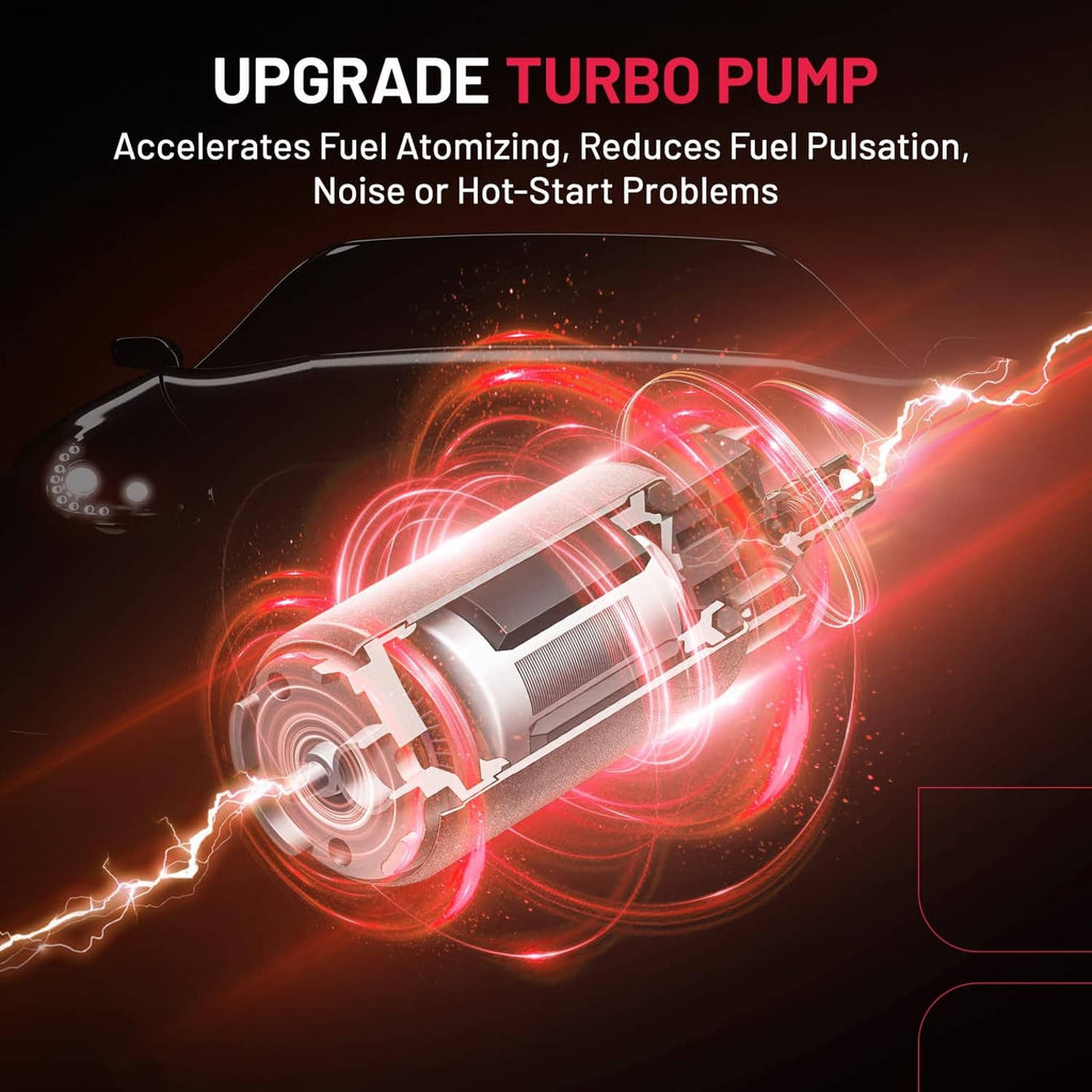 Electric fuel pump turbo upgrade component with red illuminated pump glow