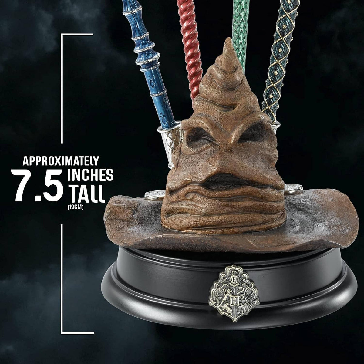 Sorting hat pen holder with tall wands, sculpted hat, and black base crest emblem