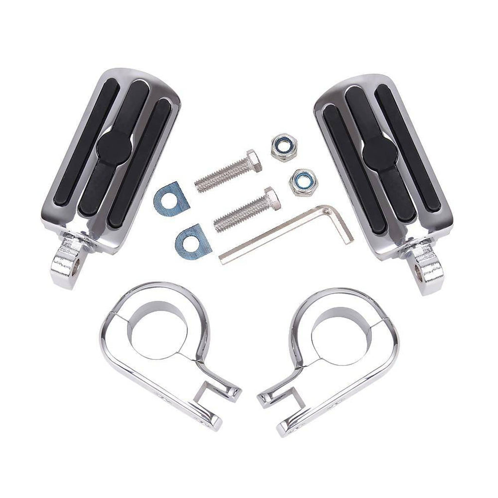 Motorcycle engine crash bar footpegs set with black rubber pads, brackets and bolts