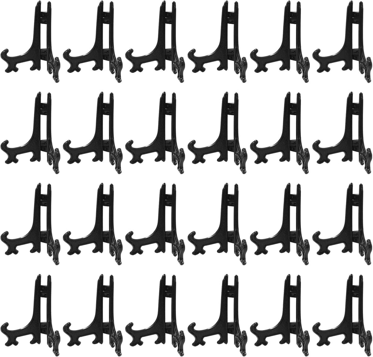 24 pack of black plastic picture display easel stands, evenly spaced.