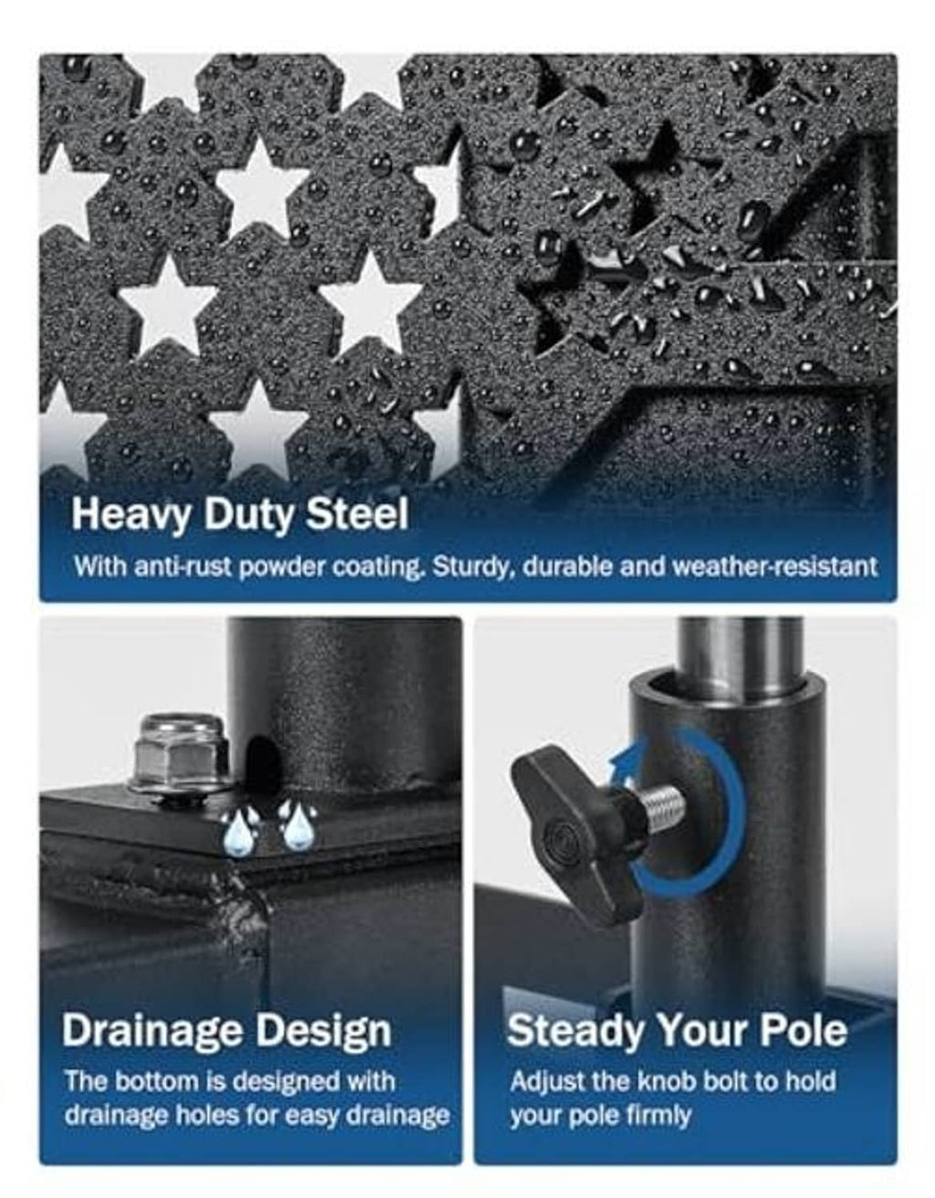 Heavy-duty steel flag pole holder with drainage base and steady-pole knob