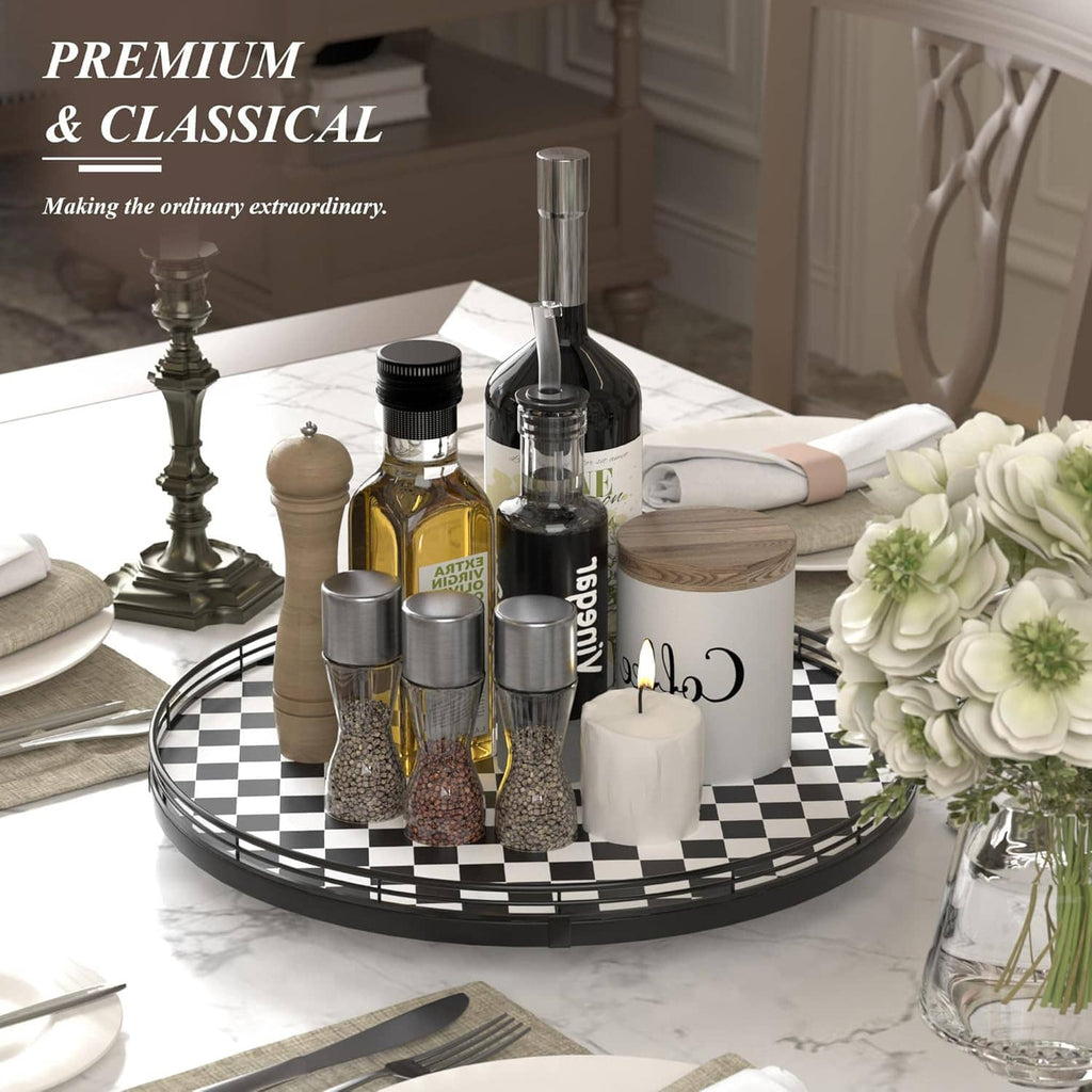 Checkered lazy susan turntable loaded with spice bottles, canisters, and wooden-lid container