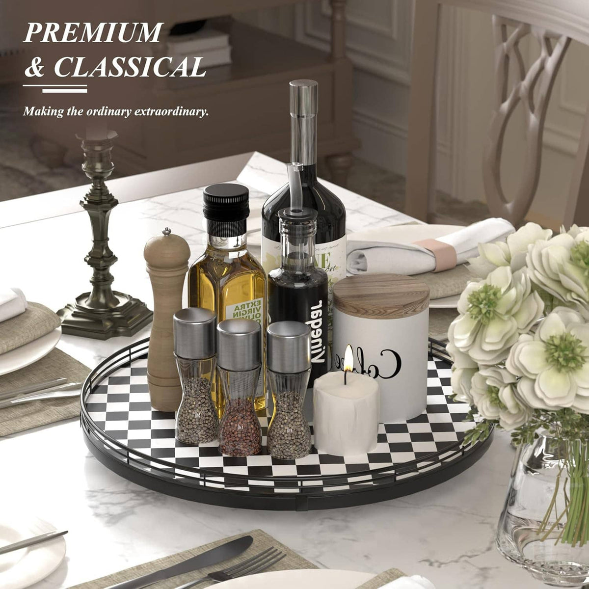 Checkered lazy susan turntable loaded with spice bottles, canisters, and wooden-lid container