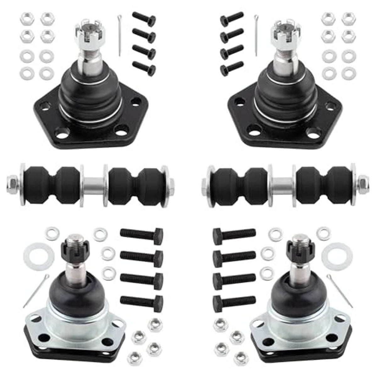 Front ball joint assemblies with black rubber boots and bolts, washers, nuts