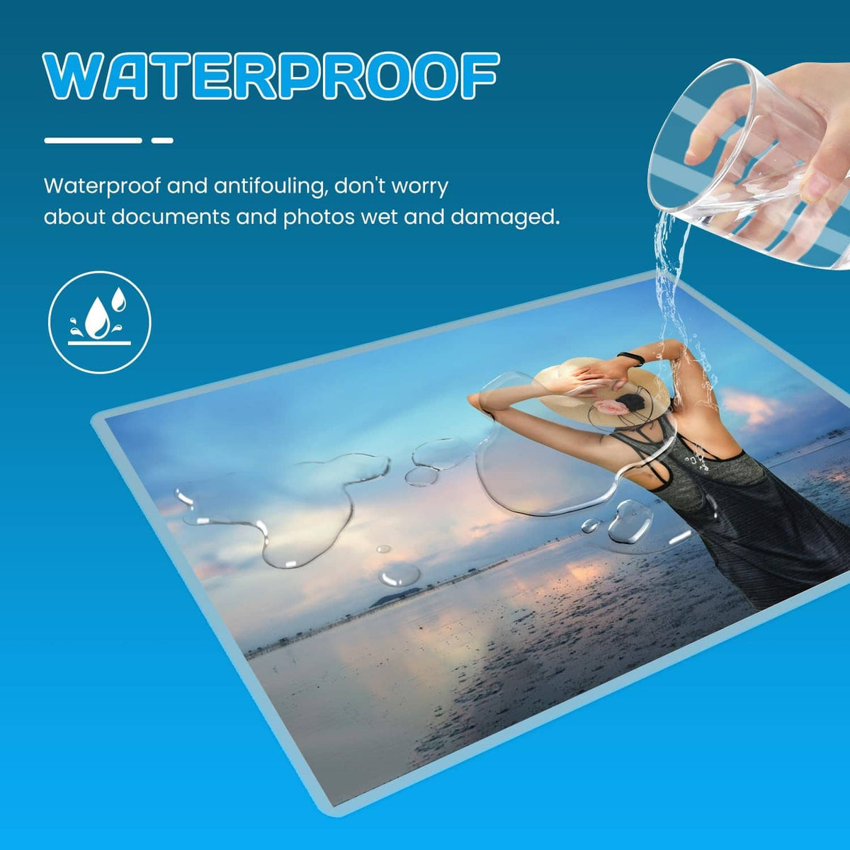 Clear waterproof thermal laminating sheet protecting a photo from water and smudges