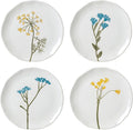 Set of 4 wildflower tidbit plates, white with blue and gold flower stem designs