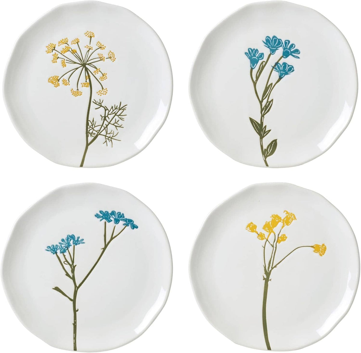 Set of 4 wildflower tidbit plates, white with blue and gold flower stem designs