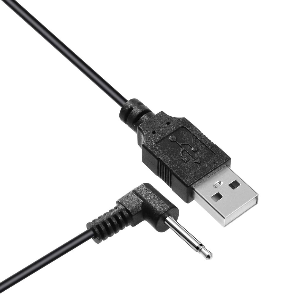 Black USB-A to 3.5mm-style barrel charger cable with strain relief