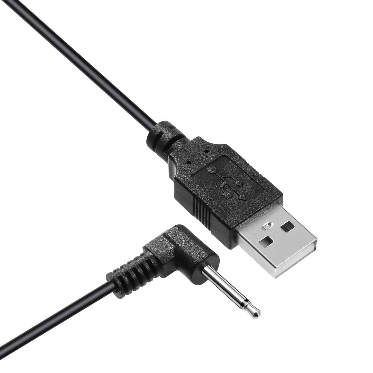 Black USB-A to 3.5mm-style barrel charger cable with strain relief