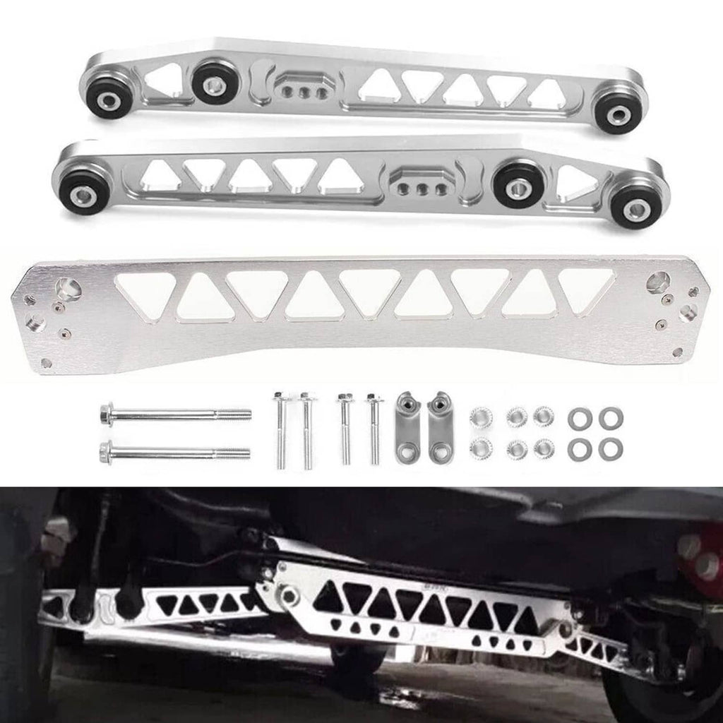 Rear lower control arm and subframe brace tie bar kit with hardware, silver metal.