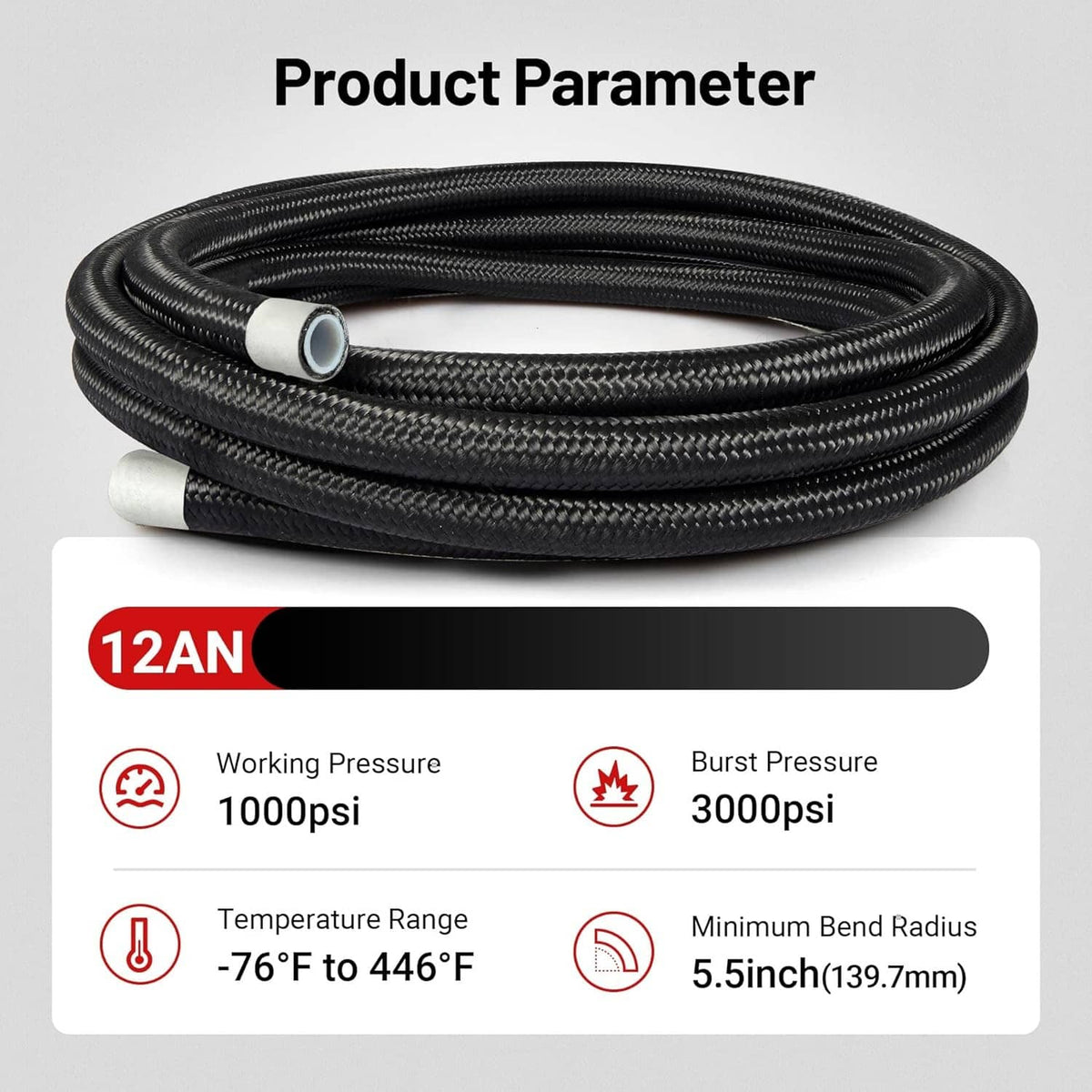 Coiled black AN12 fuel hose with silver ferrule and port fitting end.