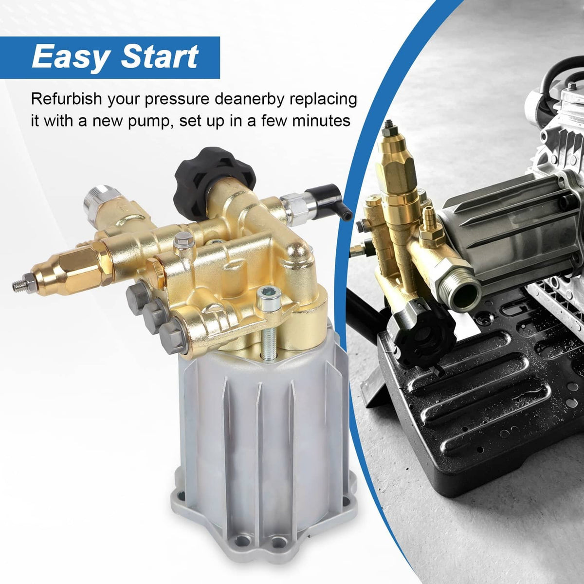 Pressure washer pump assembly with gold body, black cap, and bundled components
