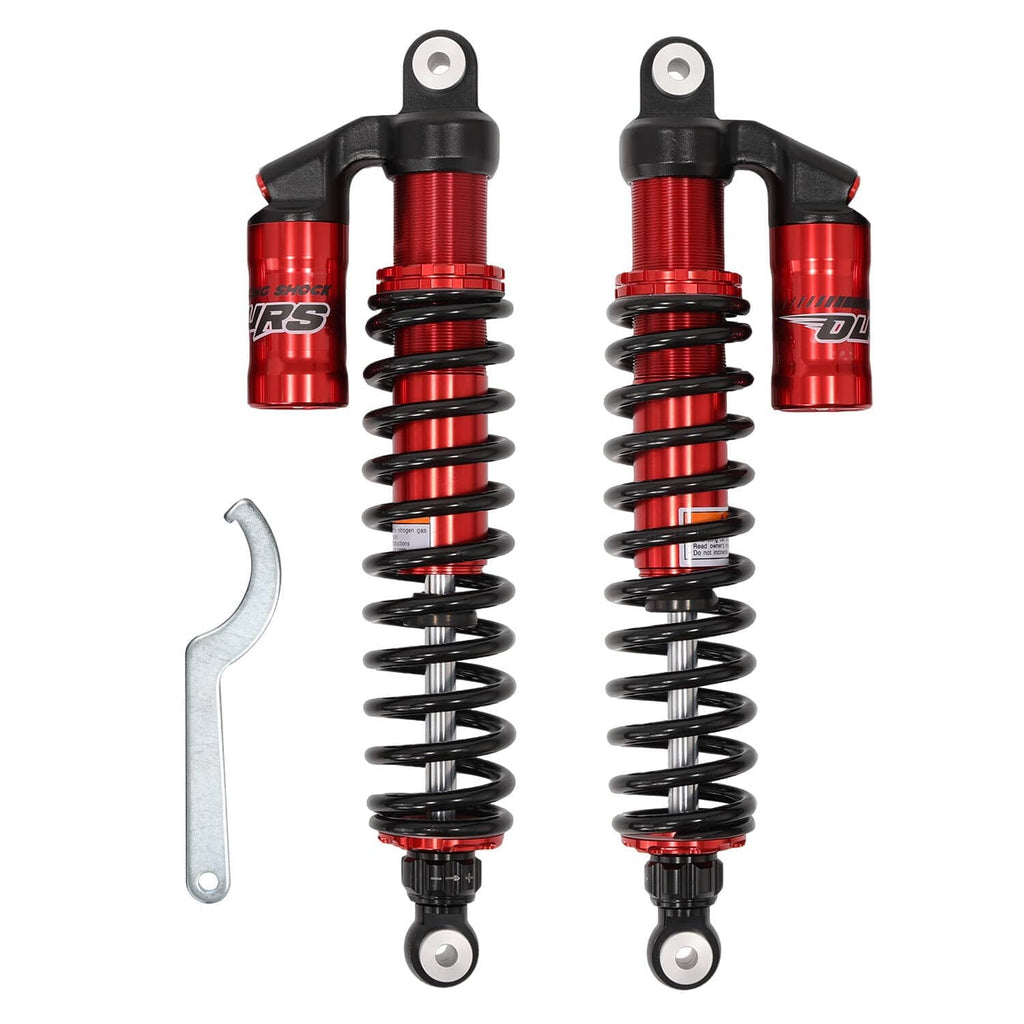 Pair of red and black coil shock absorbers with upper mounts and included wrench
