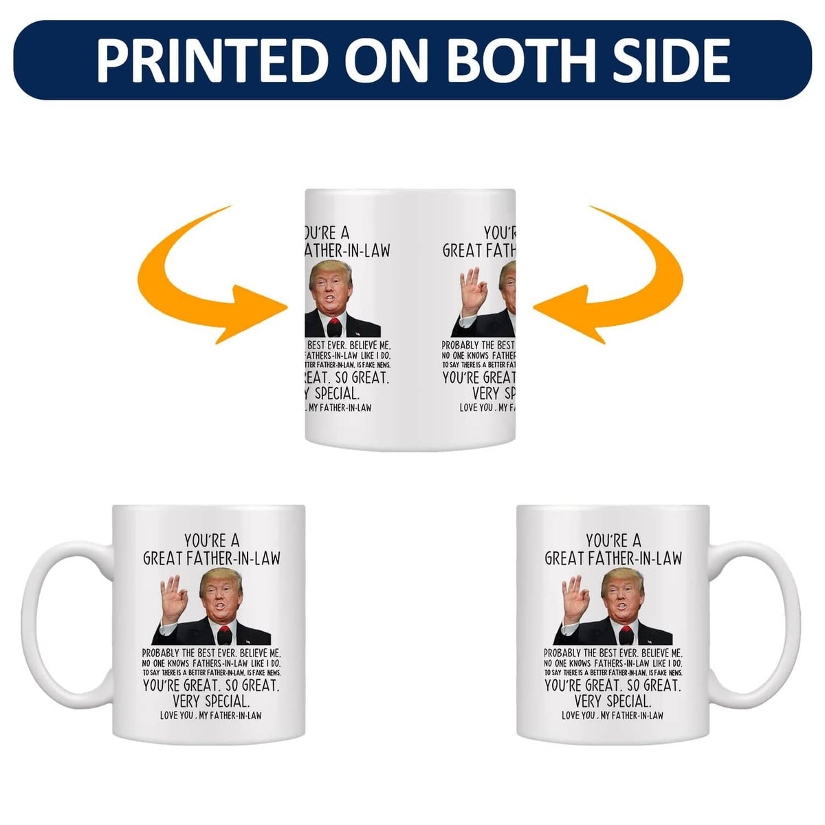 White coffee mug showing printed design on both sides, with text and portrait on front/back