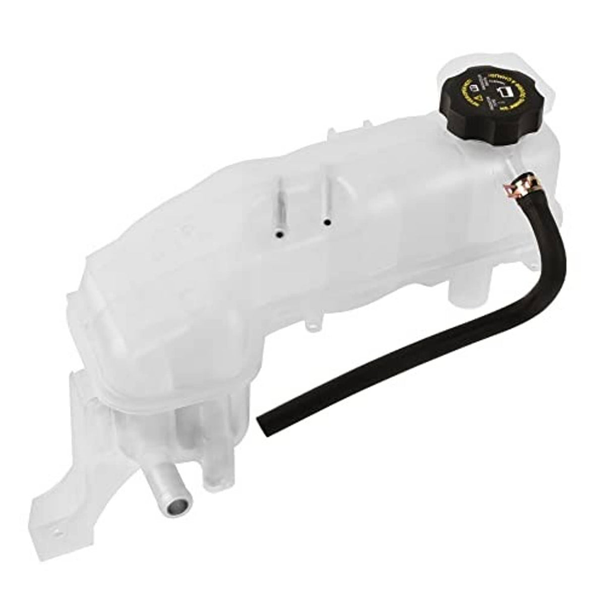 White coolant reservoir overflow tank with black cap and black outlet hose