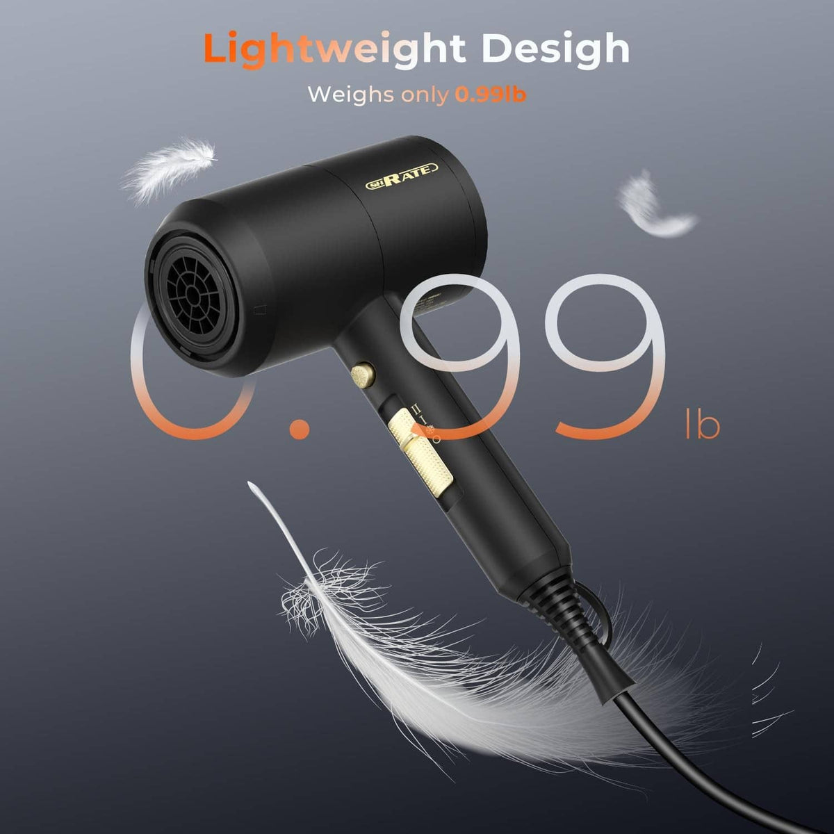 Lightweight black SHRATE hair dryer with diffuser-like nozzle, gold accents