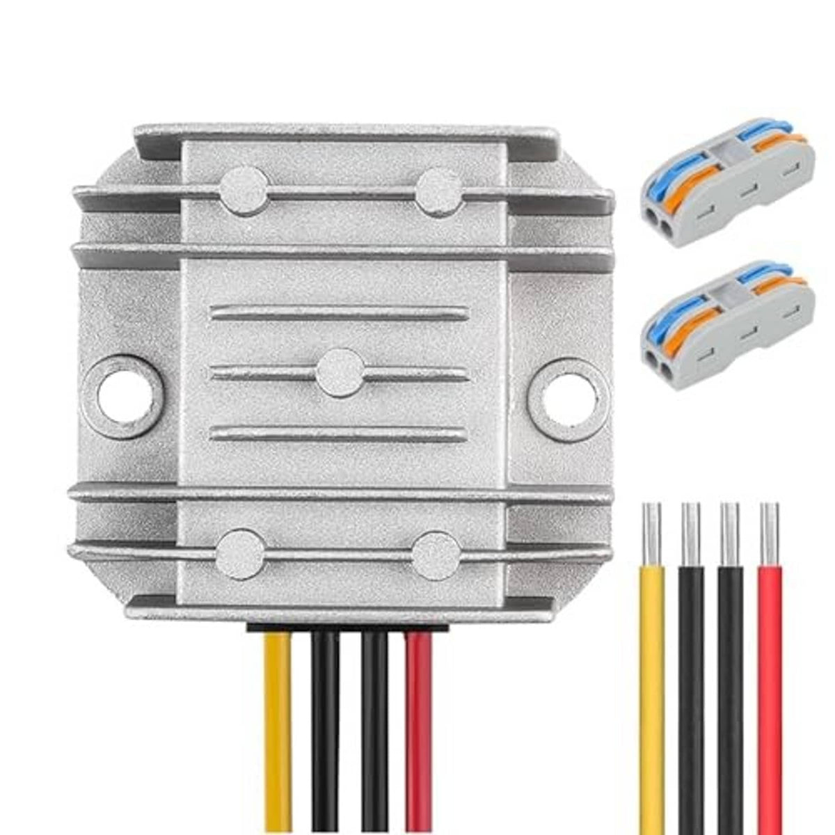 DC-DC voltage regulator front view with heatsink and four color-coded input wires