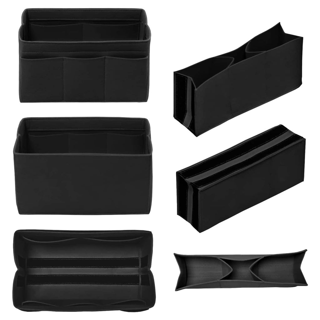 Black felt purse organizer insert with multiple compartments and divider panels