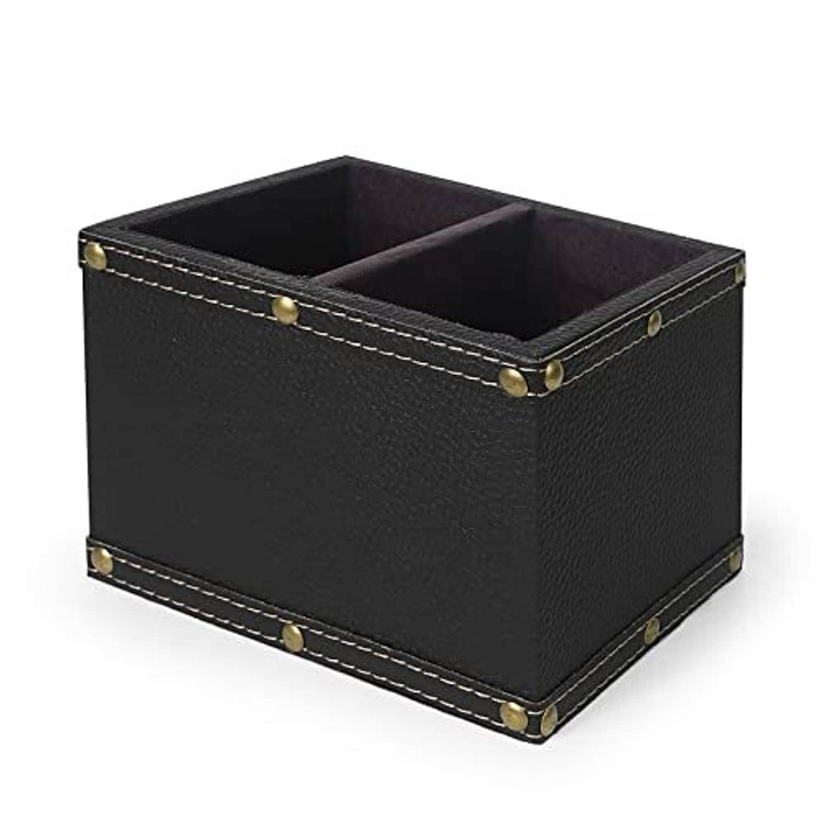 Black leather remote organizer bin with open compartments and brass studs on corners