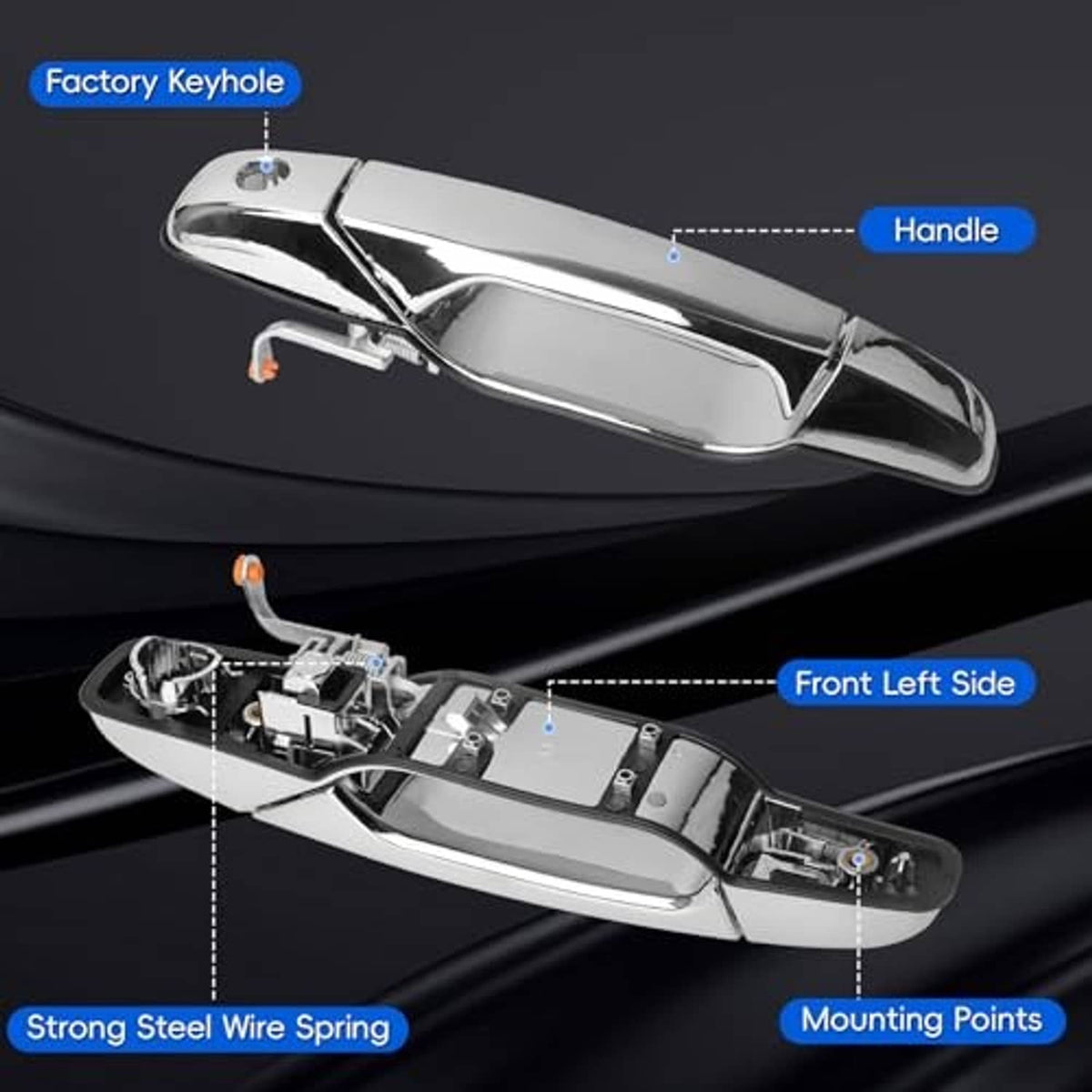 Chrome exterior door handle assembly showing interior mounting components