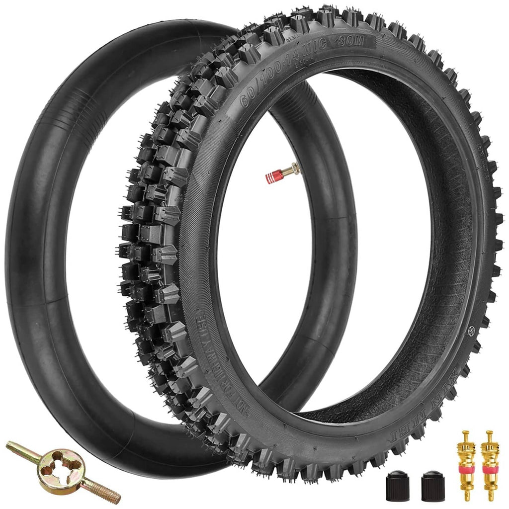 Knobby front tire with inner tube and valve stem hardware, black rubber.