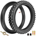 Knobby front tire with inner tube and valve stem hardware, black rubber.