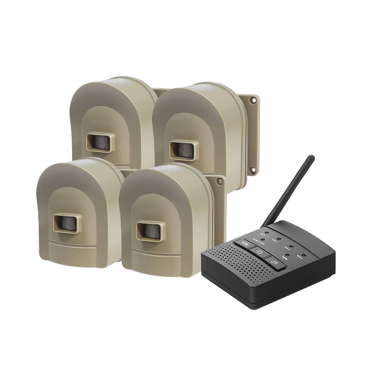 Wireless driveway alarm sensor system: beige sensors and plug-in receiver with antenna