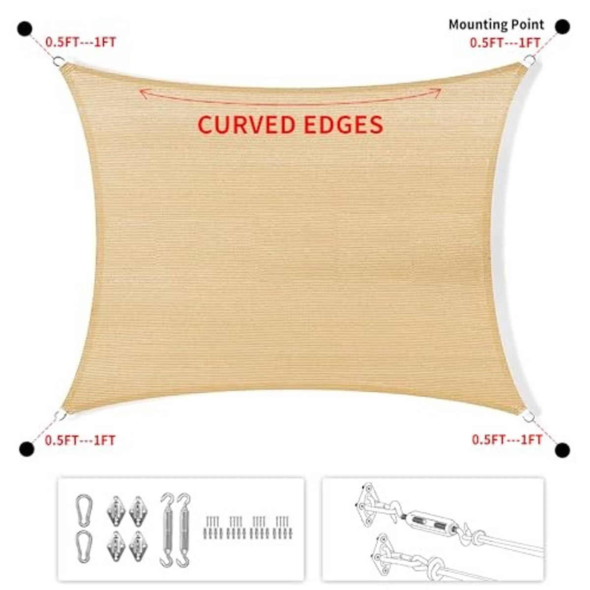 Beige square sun shade sail canopy with curved edges and mounting points