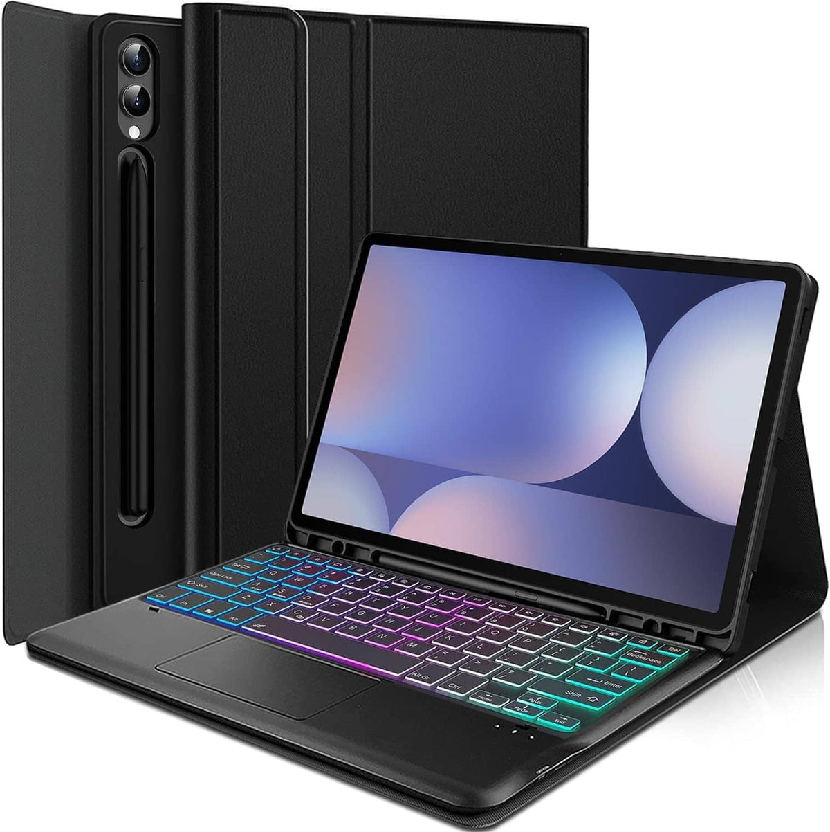 Black touchpad keyboard phone case with screen and multicolor backlit keys