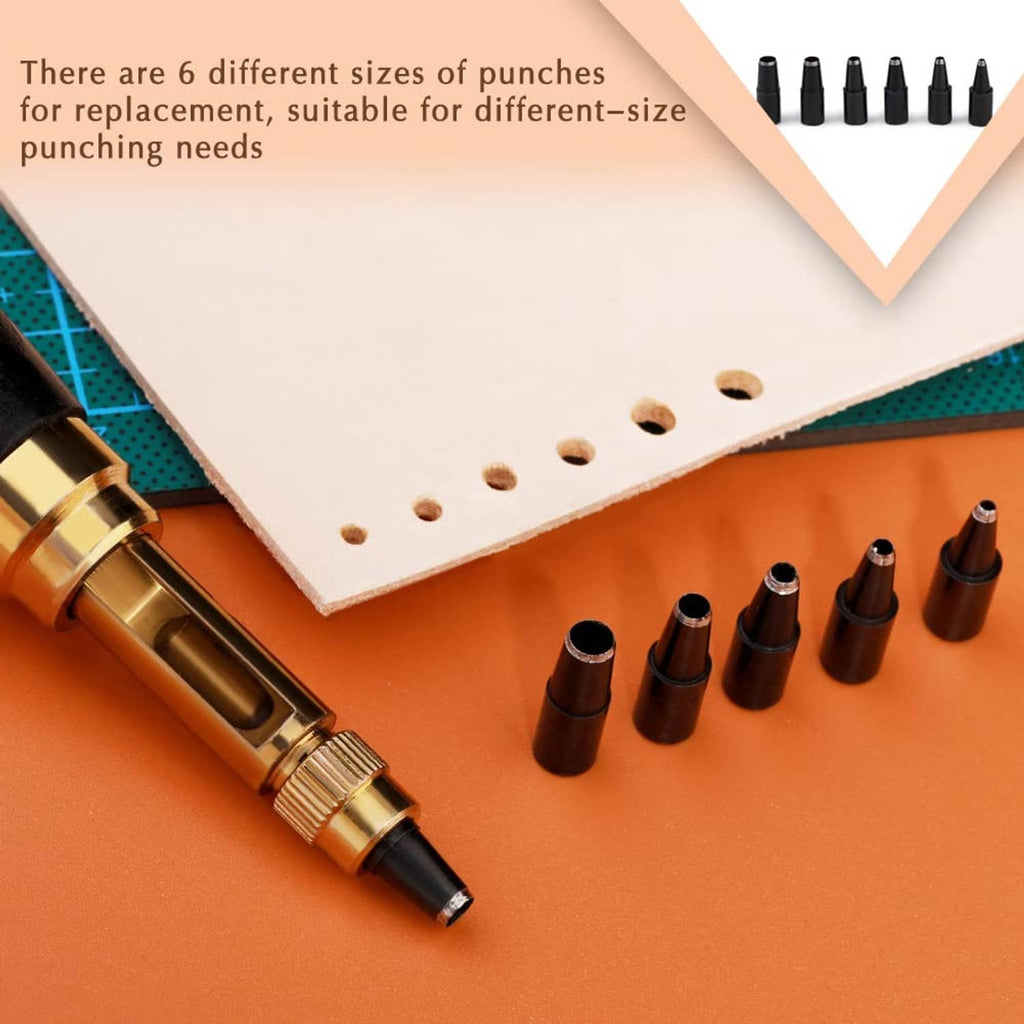 Automatic hole punch tool with brass mechanism and black punch tips beside perforated leather